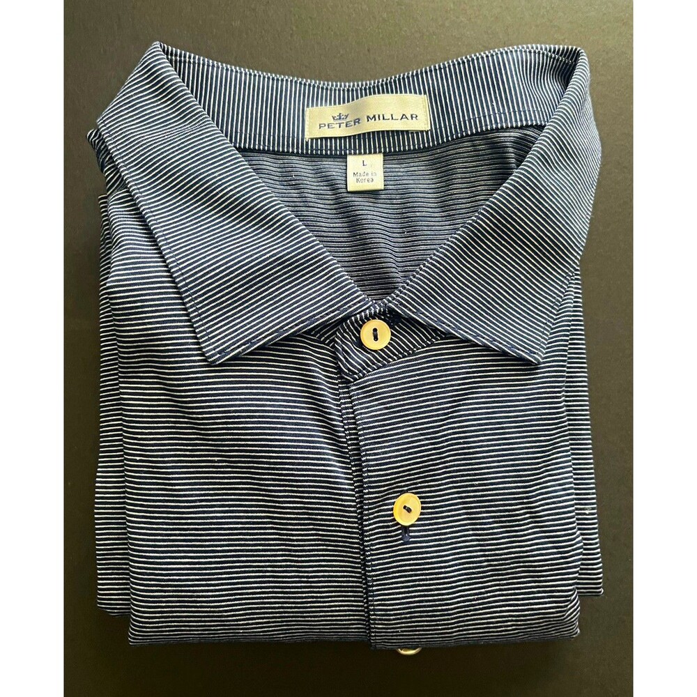 Peter Millar Polo Shirt Men’s Large Dark Blue White Striped Collared 100% Cotton